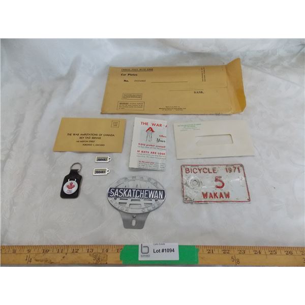 1971 Bicycle License Plate (wakaw) + 1961 War Amps key tag letter + CAA plate + keychain