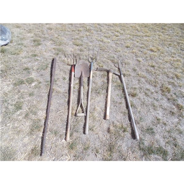 Tools – 3 pitch forks, shovel, Axe splitter, Steel pry bar