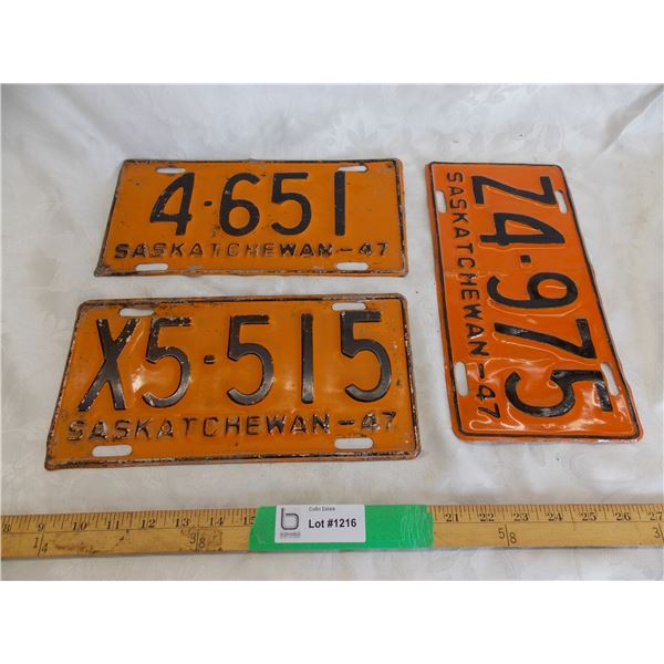 (3) 1947 Sask License Plates – (X, Z – the z has been repainted)