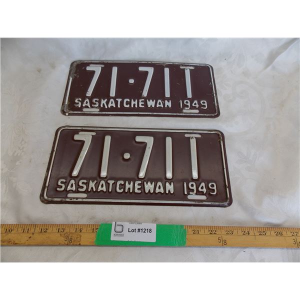 (2) 1949 Sask License Plates – matching + really good condition