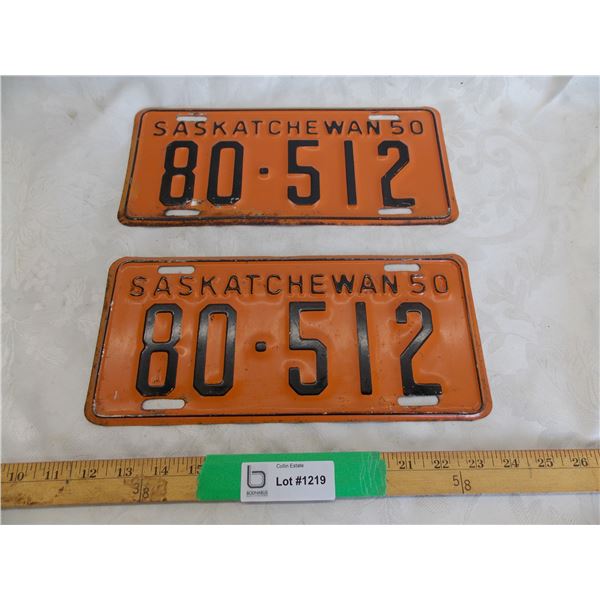(2) 1950 Sask License Plates – matching + good condition