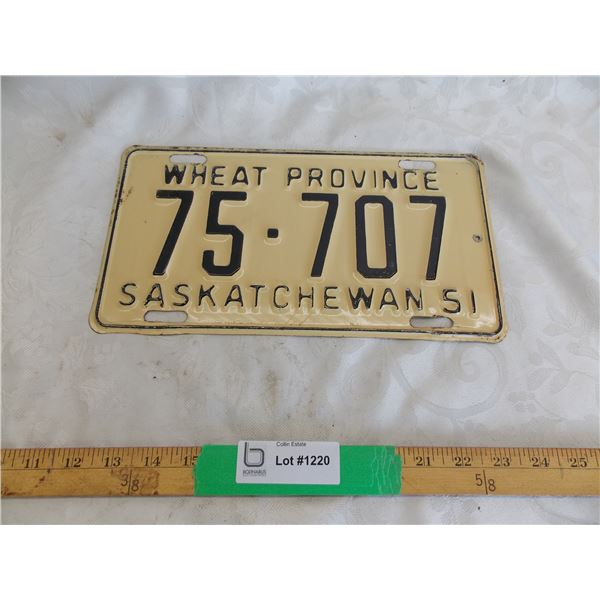 1951 Sask Wheat Province License Plate – great condition # 75-707