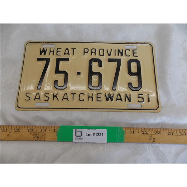 1951 Sask Wheat Province License Plate – great condition # 75-679