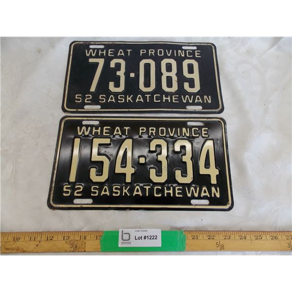 (2) 1952 Sask Wheat Province Plates - #73-089 (paint chipping) + #154-334 (scratch on middle number)