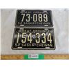 Image 1 : (2) 1952 Sask Wheat Province Plates - #73-089 (paint chipping) + #154-334 (scratch on middle number)
