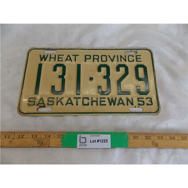 1953 Sask License Plate – Really good condition #131-329