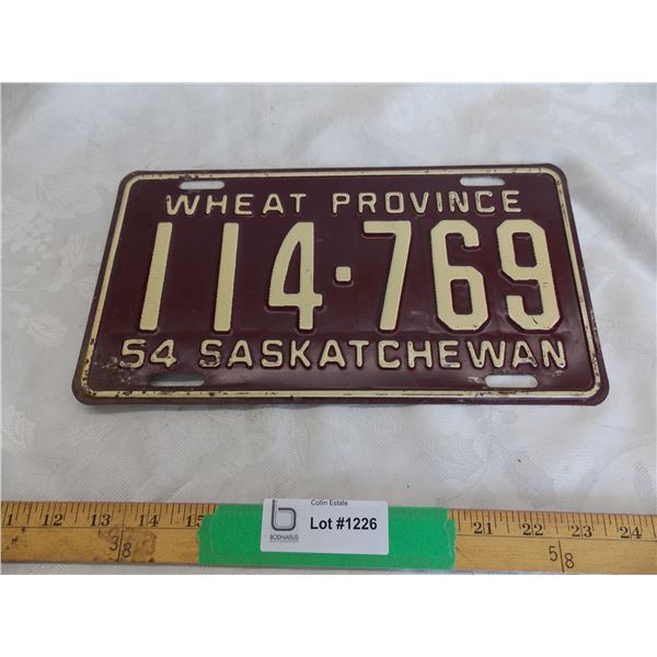 1954 Sask License Plate – Really good condition #114-769
