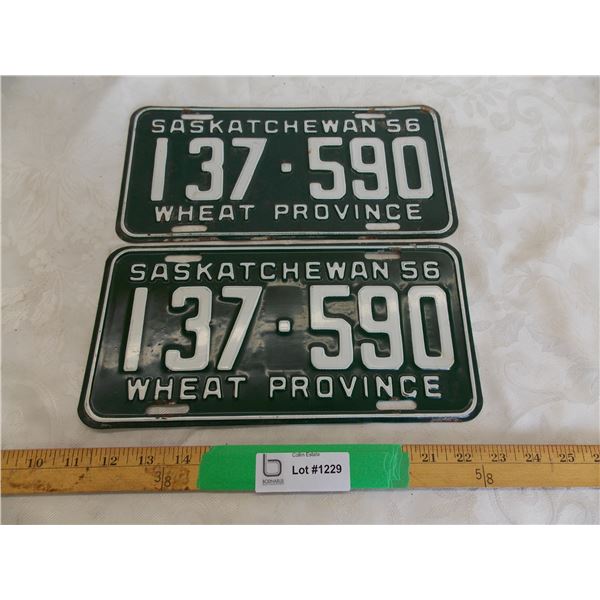 Matching Pair – 1956 Sask License Plates – one in great condition