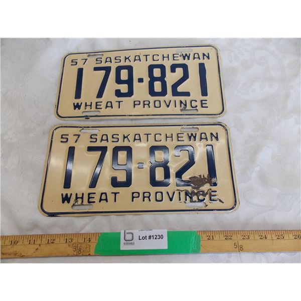 Matching Pair – 1957 Sask License Plates – one in great condition