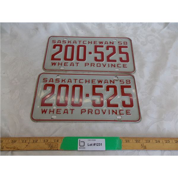 Matching Pair – 1958 Sask License Plates – both great condition