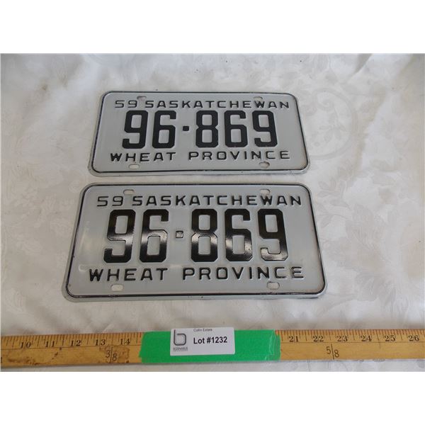 Matching Pair – 1959 Sask License Plates – both great condition (almost unused)