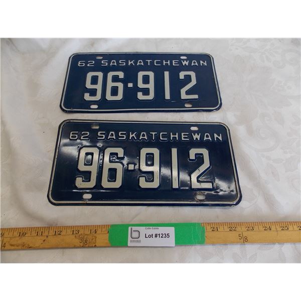 Matching Pair – 1962 Sask License Plates – both near mint condition