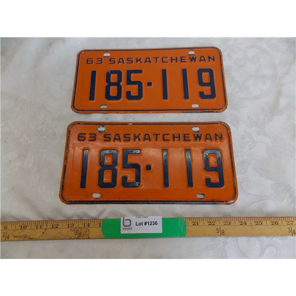 Matching Pair – 1963 Sask License Plates – both great condition