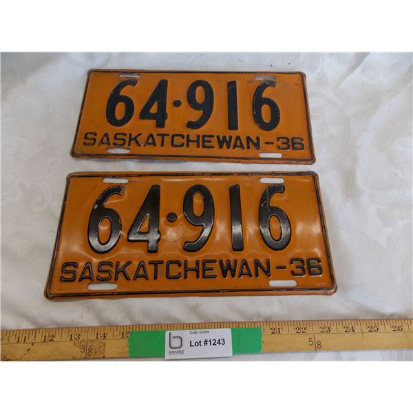 1936 Sask License Plate – matching pair