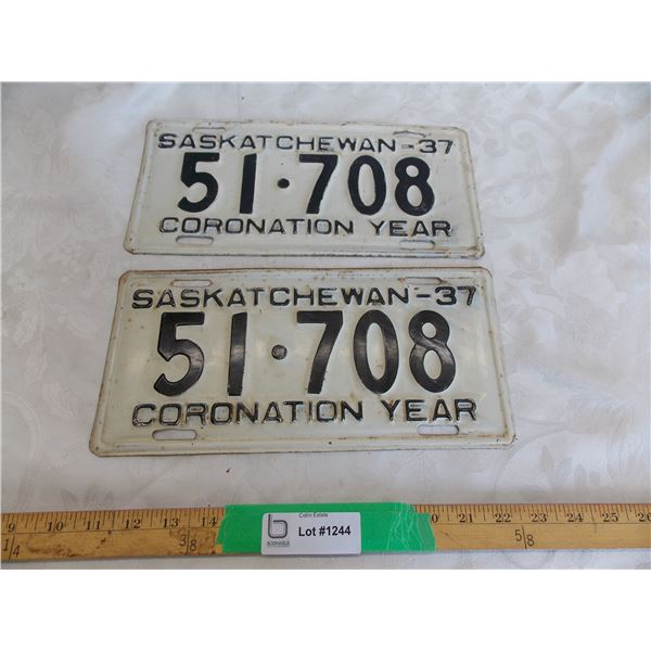 1937 Sask Coronation Year License Plate – matching pair