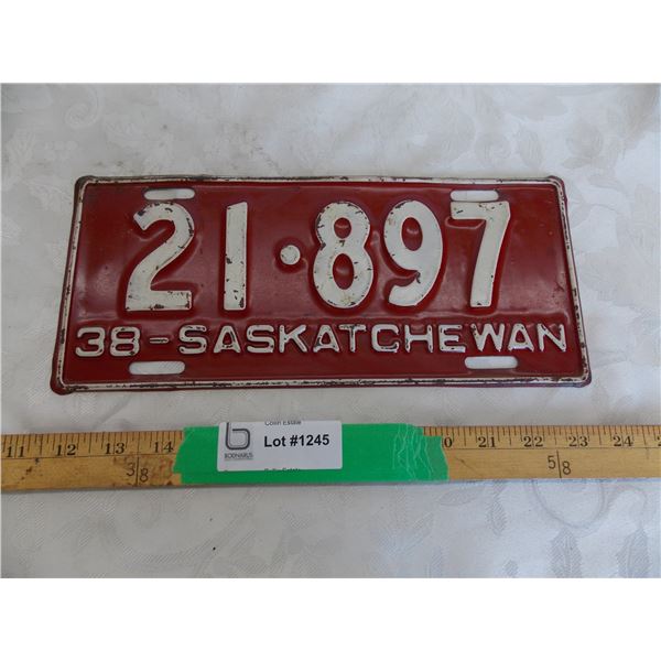 1938 Sask License Plate #21-897