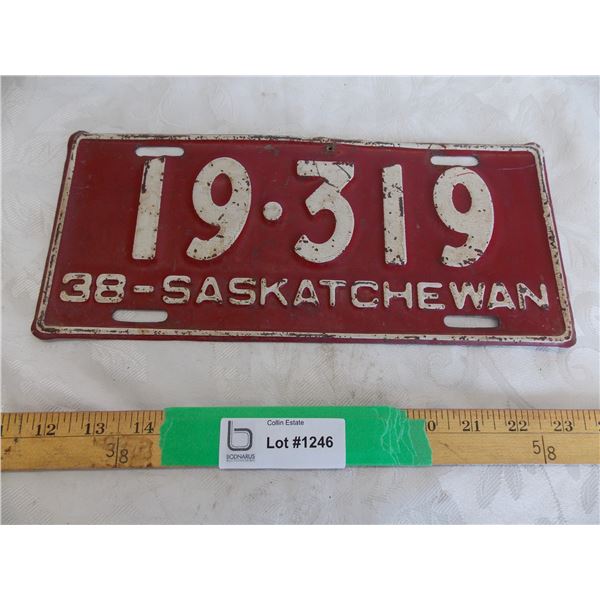 1938 Sask License Plate #19-319