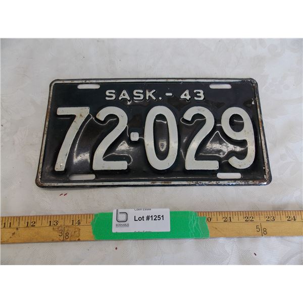 1943 Sask License Plate - #72-029