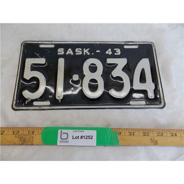 1943 Sask License Plate - #51-834