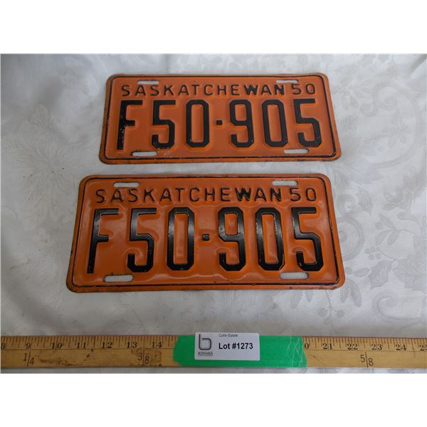 (2) 1950 (Matching Pair) of Sask (Farm) license plates – great condition