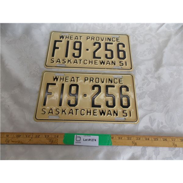 (2) 1951 (Matching Pair) of Sask (Farm) license plates – appear unused great condition