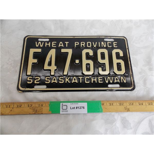 1952 Sask (Farm) License plate #F47-696