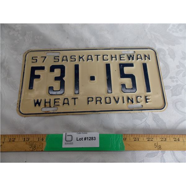 1957 Sask (Farm) License plate #F31-151 – excellent condition