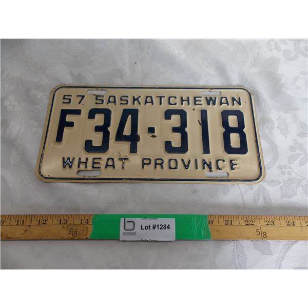 1957 Sask (Farm) License plate #F34-318 – great condition