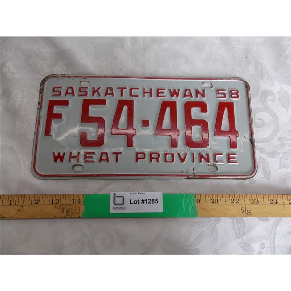 1958 Sask (Farm) License plate #F54-464 – good condition
