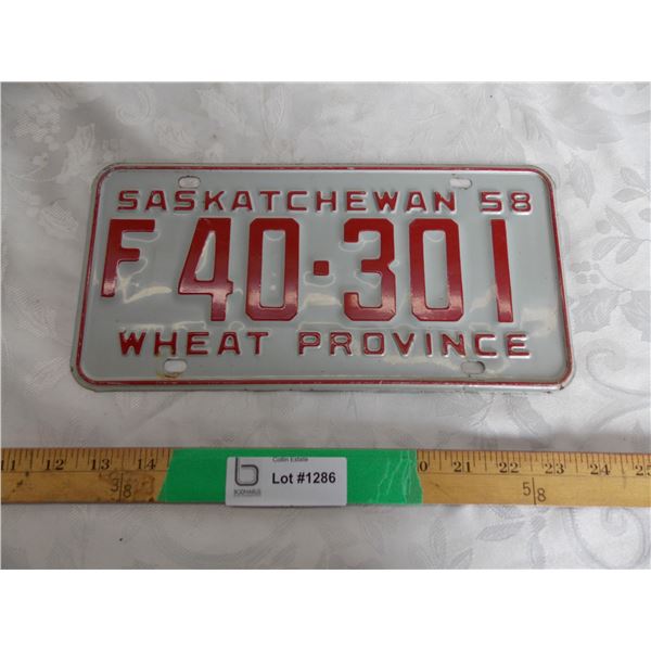 1958 Sask (Farm) License plate #F40-301 – great condition
