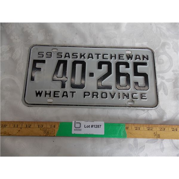 1959 Sask (Farm) License plate #F40-265 – great condition