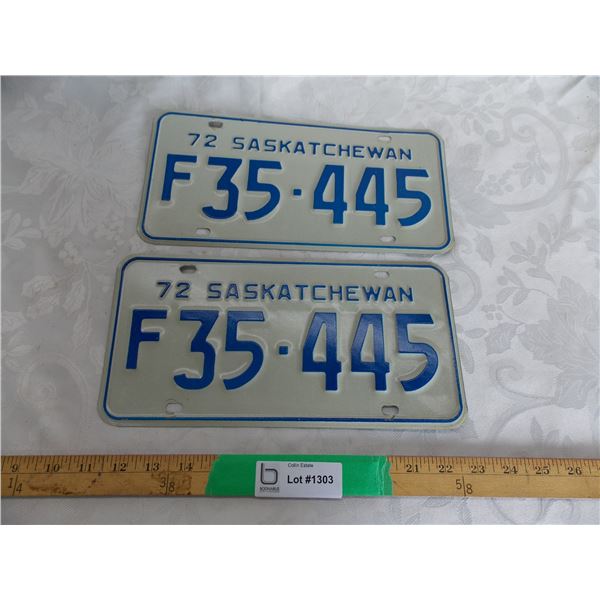 (2) 1972 (Matching Pair) of Sask (Farm) license plates – great condition