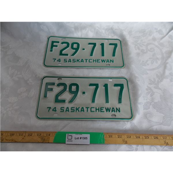 (2) 1974 (Matching Pair) of Sask (Farm) license plates – excellent condition