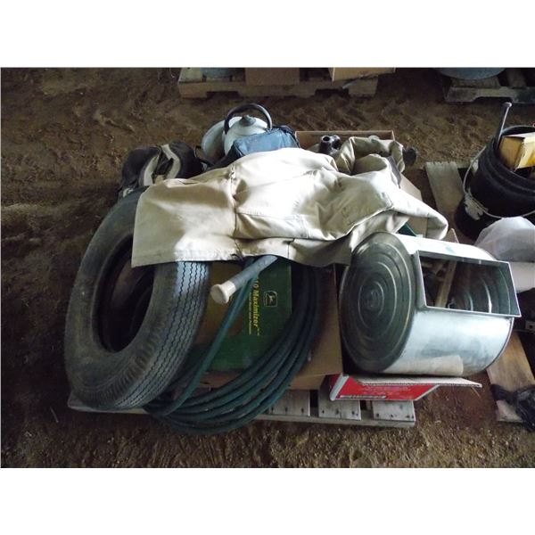 Pallet of items - Louisville Slugger, pots, vintage kitchen items, old churn, etc