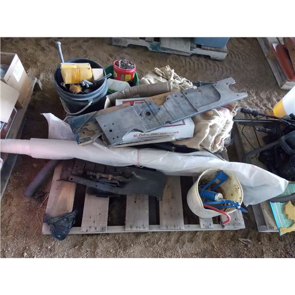 Pallet of misc - old radiator, exhaust, bolts, cast iron pulley, air pump, etc