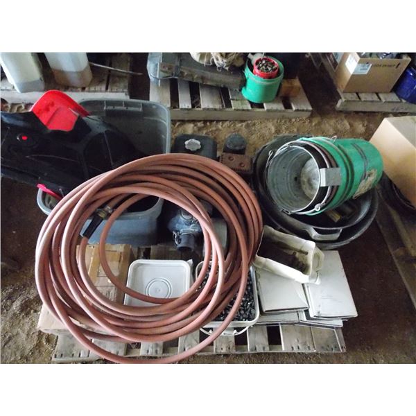 Pallet with galvanized tubs, (2) Parking meters, small engine, bucket of bolts, boxes of parts