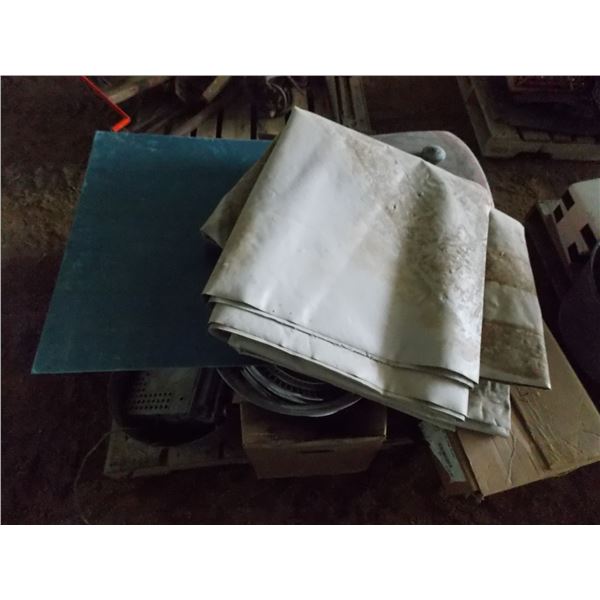 Pallet with metal gas tank (MH?), metal pails, vintage car radios, hubcaps, tins, misc