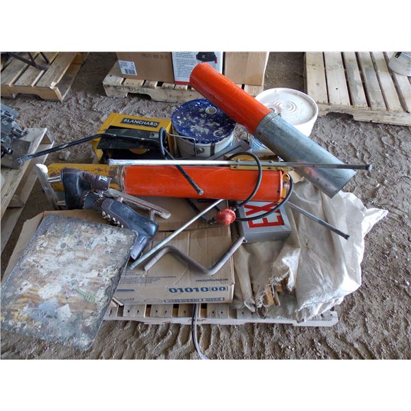 Pallet of misc - skates, Wood spokes, bird scare cannons, buckets of paint