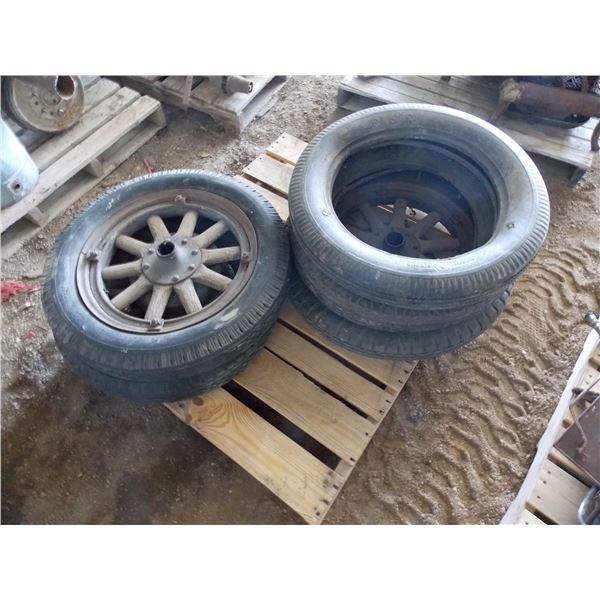 (5) Vintage tires, 3 on wooden rims