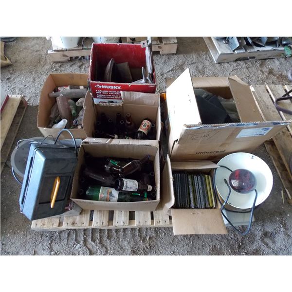 Pallet with bottles - pop, beer + box of nail gun nails, box of (new old stock) tire tubes