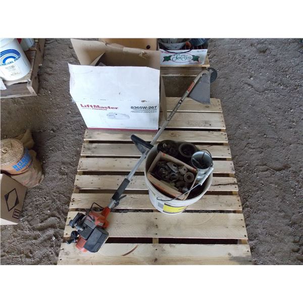 Weed whacker, Liftmaster motor in box, bucket of nuts and bolts