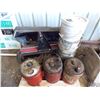 Image 1 : Pallet with Texaco + Two other Gas cans (with contents) and length of chain, misc