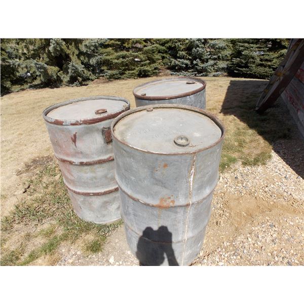 (3) Galvanized Oil Barrels (British American, Imperial, Red Head)