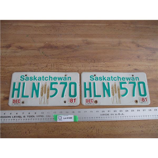 1981 Sask License plates - matching pair