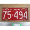 Image 1 : 1941 Sask License Plate