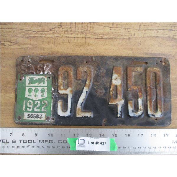 1922 (Tag) Sask License Plate (metal)