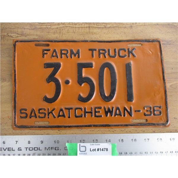 1936 (farm truck) Sask License Plate - repainted/touch up