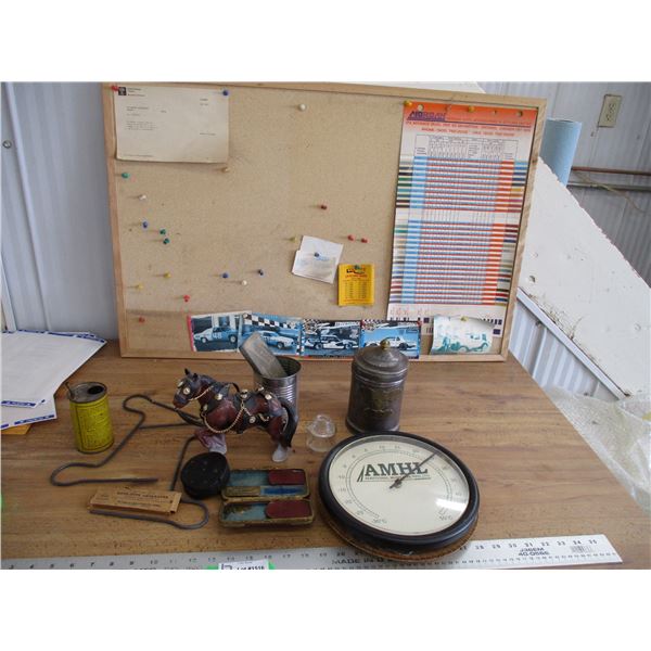 clock, corkboard, tea tin, collector tin