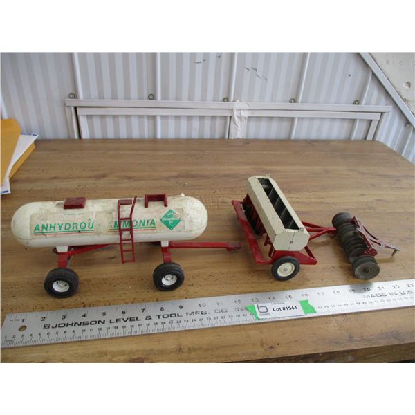 (3) Farm toys - drill, double disc, anhydrous tank