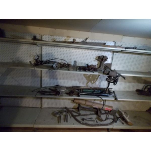 4 shelves of antique parts - buggy steps, tools - located upstairs